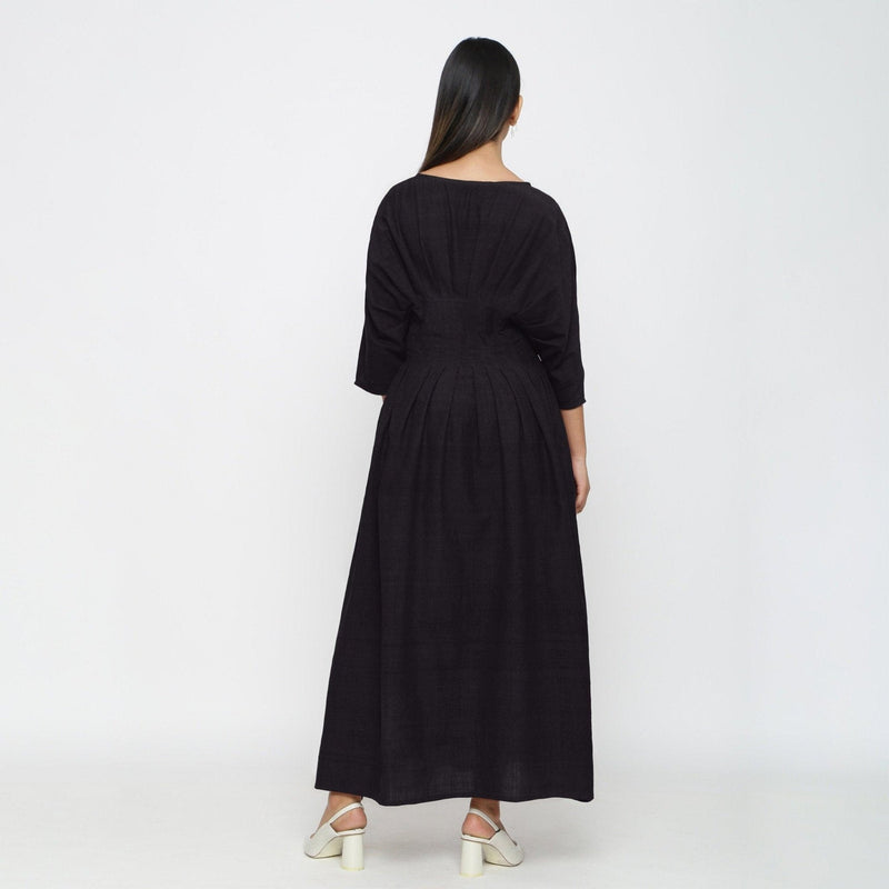 Black Cotton Flax Ankle Length Pleated Flared Dress