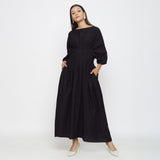 Black Cotton Flax Ankle Length Pleated Flared Dress