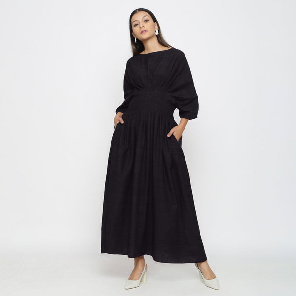 Buy Black Cotton Flax Ankle Length Pleated Flared Dress Online at SeamsFriendly Buy Black Cotton Flax Ankle Length Pleated Flared Dress Online at SeamsFriendly