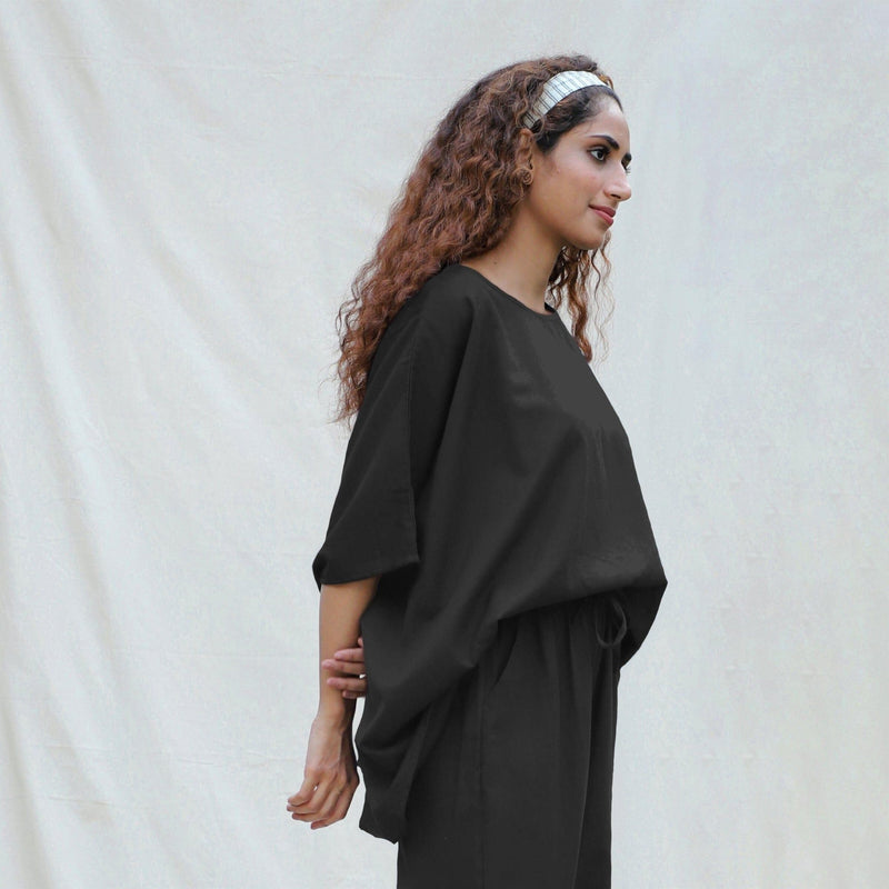 Black Cotton Flax Boat Neck Short Kaftan Top