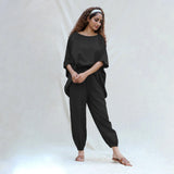 Black Cotton Flax Boat Neck Short Kaftan Top