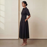 Black Cotton Flax Button-Down Pleated Midi Dress