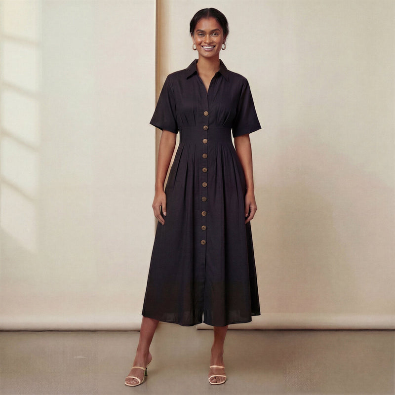 Black Cotton Flax Button-Down Pleated Midi Dress