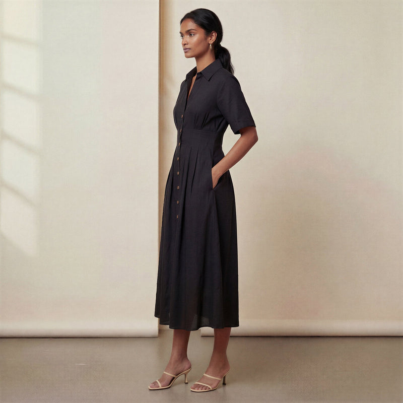 Black Cotton Flax Button-Down Pleated Midi Dress