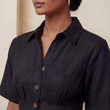 Black Cotton Flax Button-Down Pleated Midi Dress