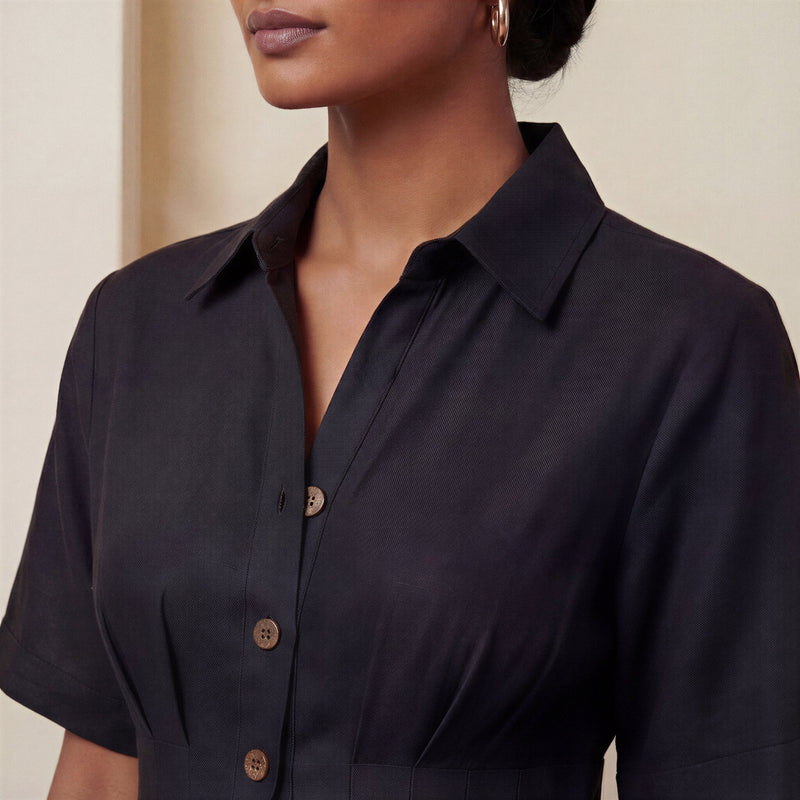 Black Cotton Flax Button-Down Pleated Midi Dress