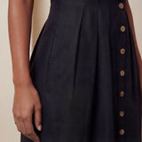 Black Cotton Flax Button-Down Pleated Midi Dress