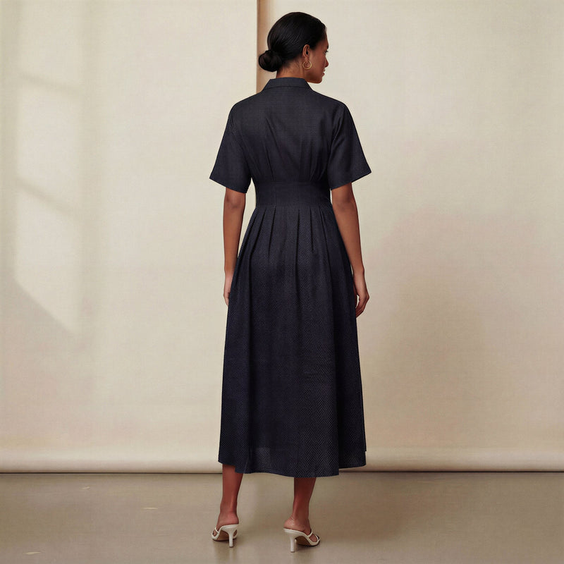 Black Cotton Flax Button-Down Pleated Midi Dress
