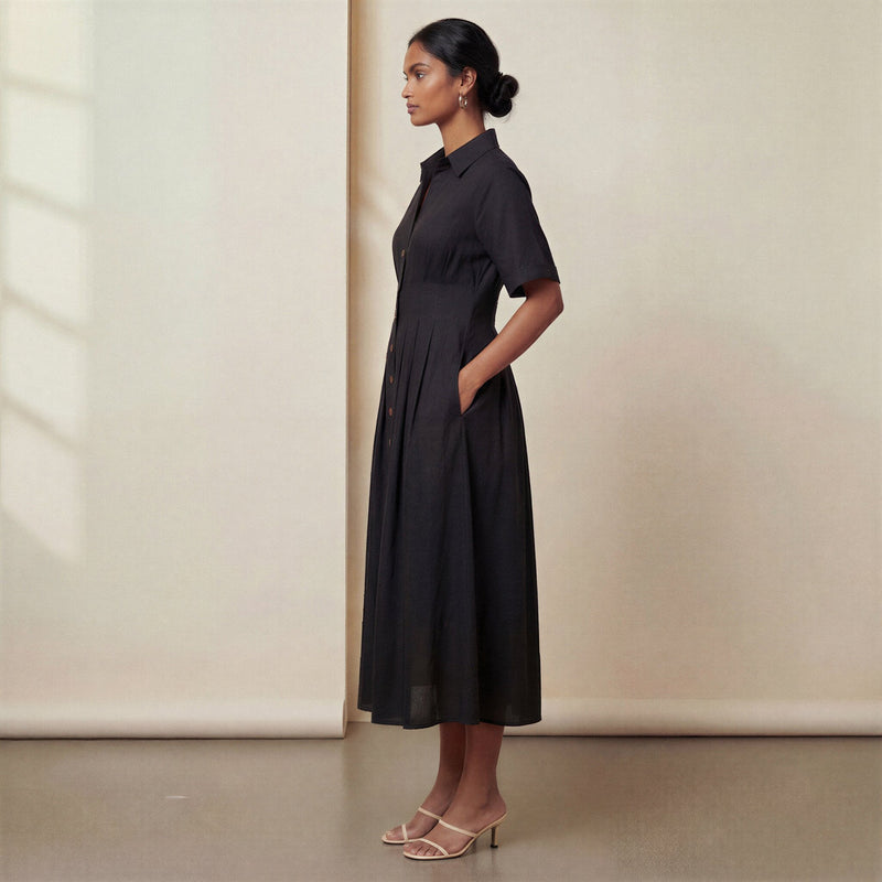 Black Cotton Flax Button-Down Pleated Midi Dress