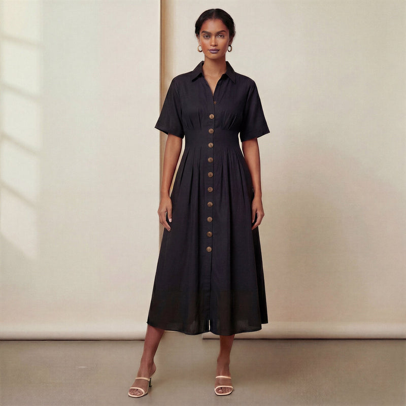 Black Cotton Flax Button-Down Pleated Midi Dress