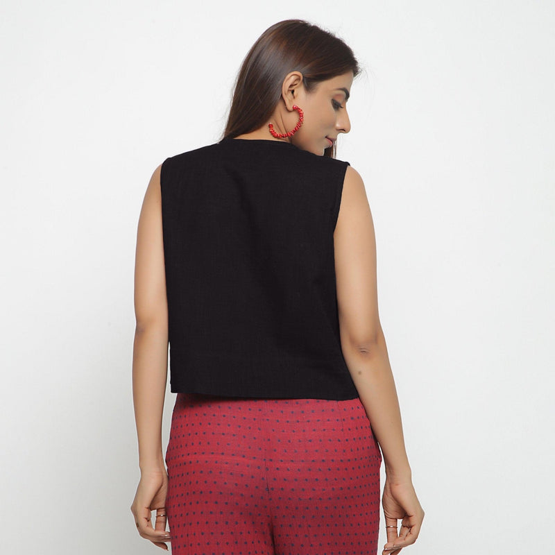 Back View of a Model wearing Black Cotton Flax Button-Down Shirt