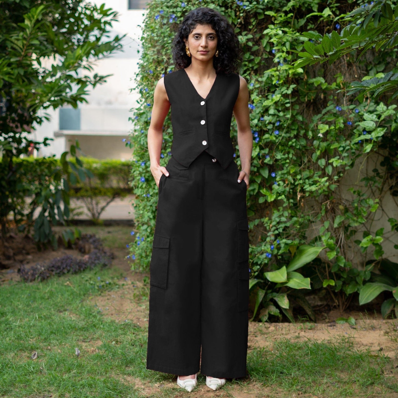 Buy Black Cotton Flax Button-Down V-Neck Vest Online at SeamsFriendly