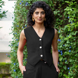 Black Cotton Flax Button-Down V-Neck Vest