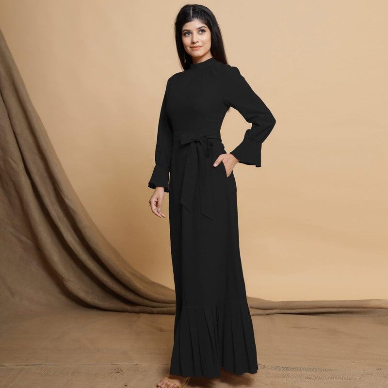 Black Cotton Flax Crew Neck Floor Length Tier Dress