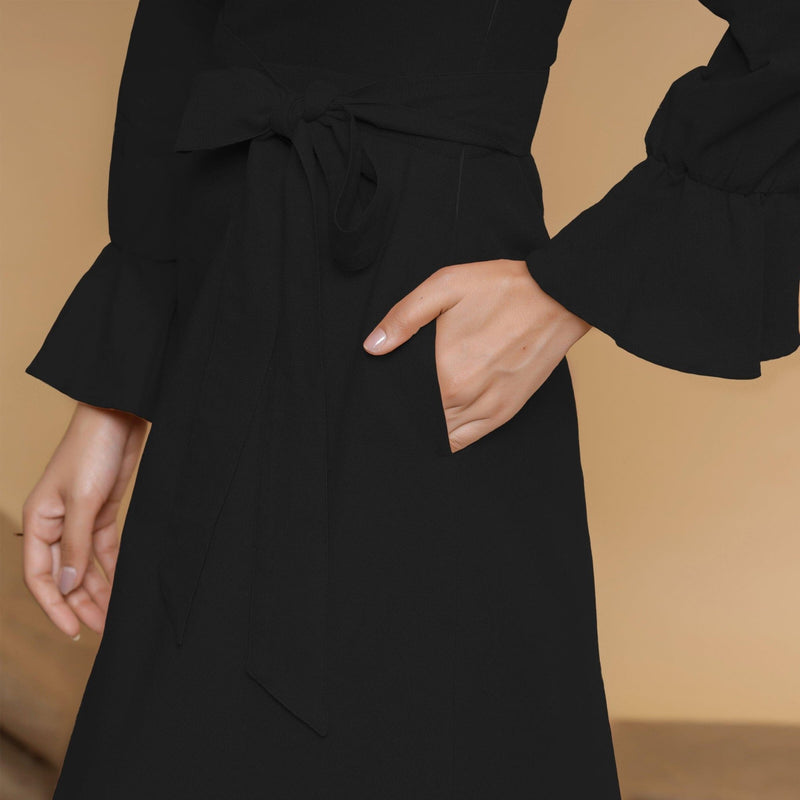 Black Cotton Flax Crew Neck Floor Length Tier Dress