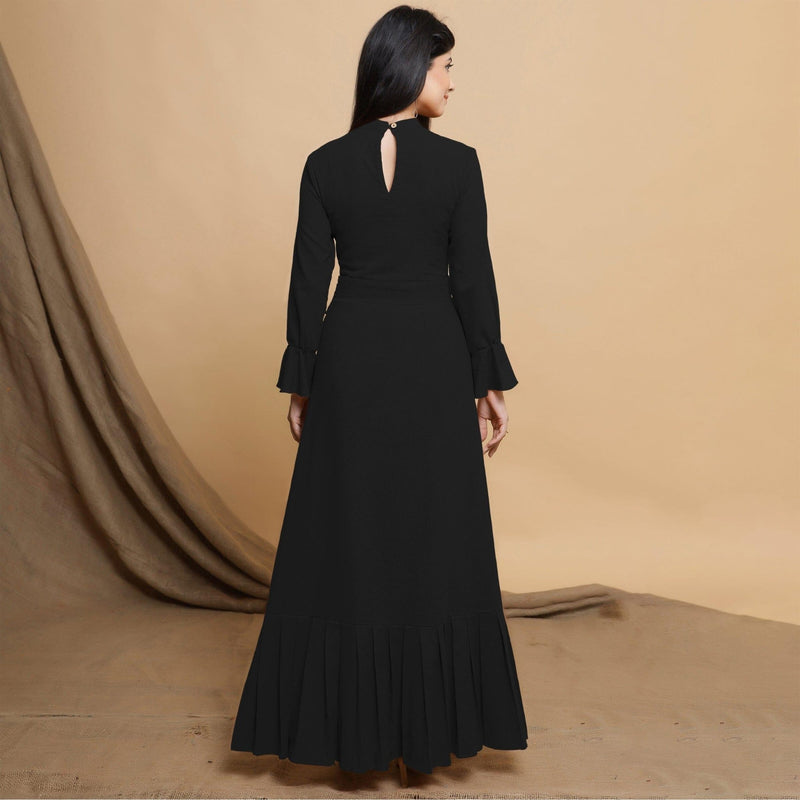 Black Cotton Flax Crew Neck Floor Length Tier Dress