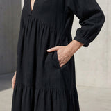 Black Cotton Flax Deep-V Maxi Tier Dress