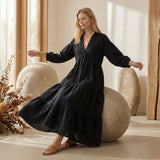 Black Cotton Flax Deep-V Maxi Tier Dress