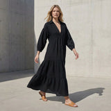 Black Cotton Flax Deep-V Maxi Tier Dress