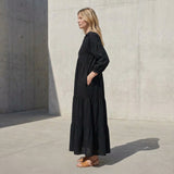 Black Cotton Flax Deep-V Maxi Tier Dress