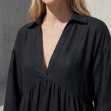 Black Cotton Flax Deep-V Maxi Tier Dress