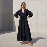 Black Cotton Flax Deep-V Maxi Tier Dress