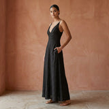 Black Cotton Flax Deep V-Neck Cami Maxi Dress