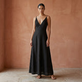 Black Cotton Flax Deep V-Neck Cami Maxi Dress