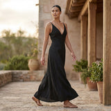 Black Cotton Flax Deep V-Neck Cami Maxi Dress