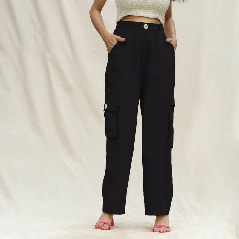 Black Cotton Flax Elasticated High-Rise Cargo Pant