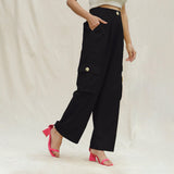 Black Cotton Flax Elasticated High-Rise Cargo Pant