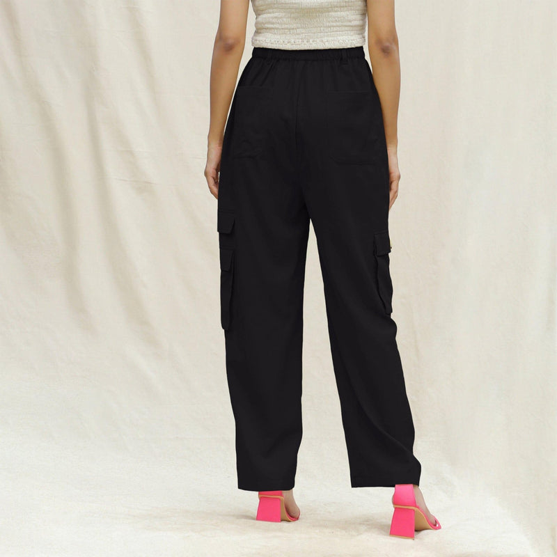 Black Cotton Flax Elasticated High-Rise Cargo Pant