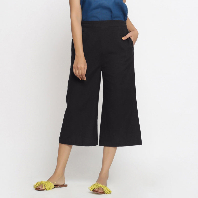 Front View of a Model wearing Comfort Fit Black Cotton Flax Culottes