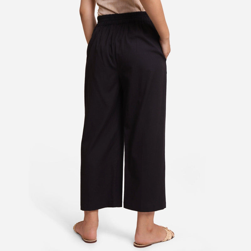 Black Cotton Flax Elasticated Relaxed Fit Wide Legged Pant