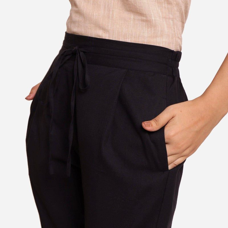 Black Cotton Flax Elasticated Relaxed Fit Wide Legged Pant