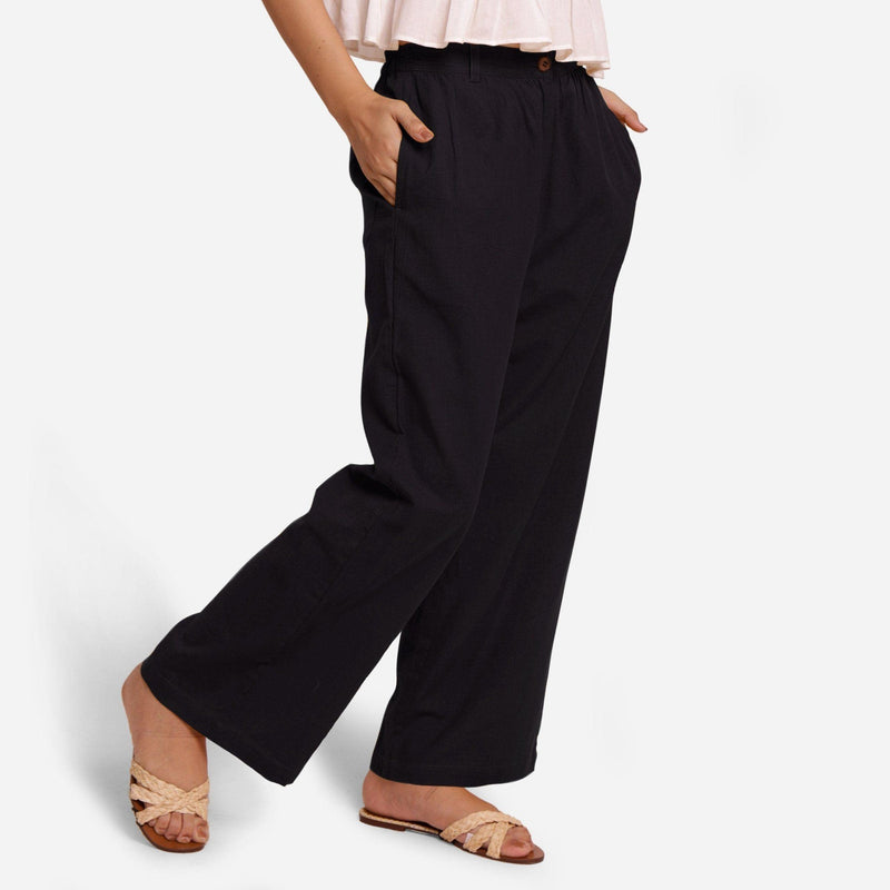 Black Cotton Flax Elasticated Wide Legged Pant