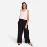 Front View of a Model wearing Black Cotton Flax Wide Legged Straight Pant