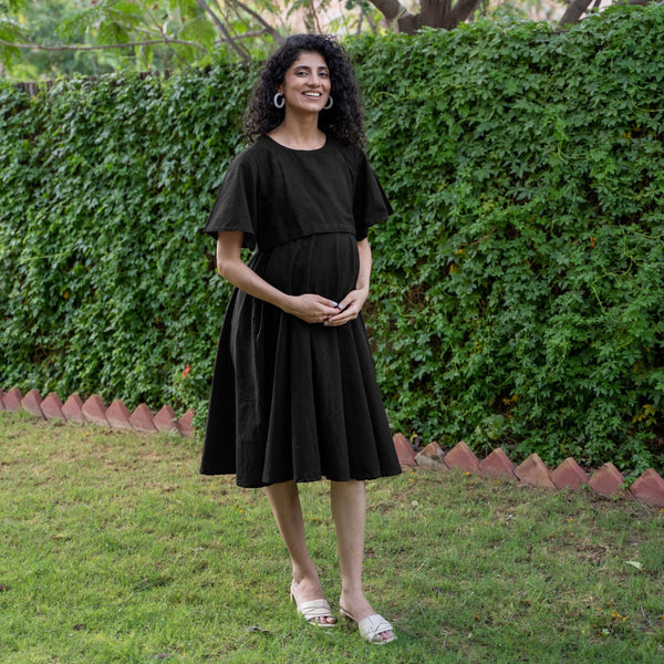 Black Cotton Flax Fit and Flare Knee Length Pre and Post Maternity Dress 54