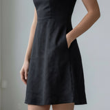 Black Cotton Flax Fit and Flare Short Dress