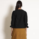Black Cotton Flax Frilled Button Down Top