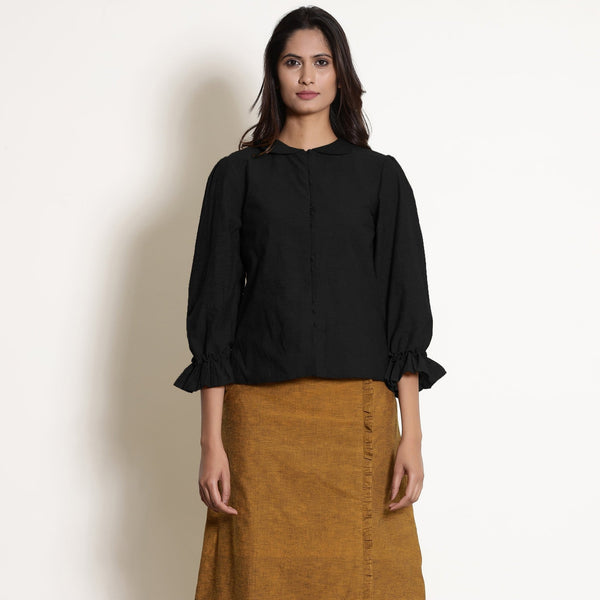 Black Cotton Flax Frilled Button Down Top