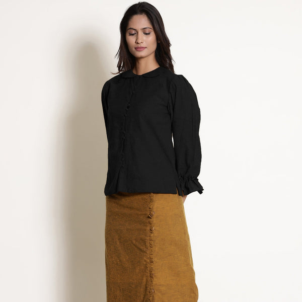 Black Cotton Flax Frilled Button Down Top