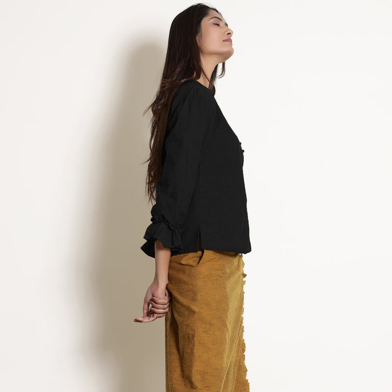 Black Cotton Flax Frilled Button Down Top