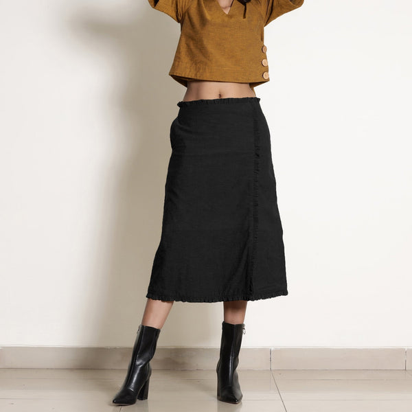 Black Cotton Flax Frilled Mid-Rise Midi Skirt