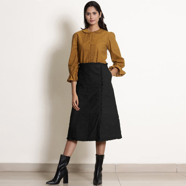 Black Cotton Flax Frilled Mid-Rise Midi Skirt