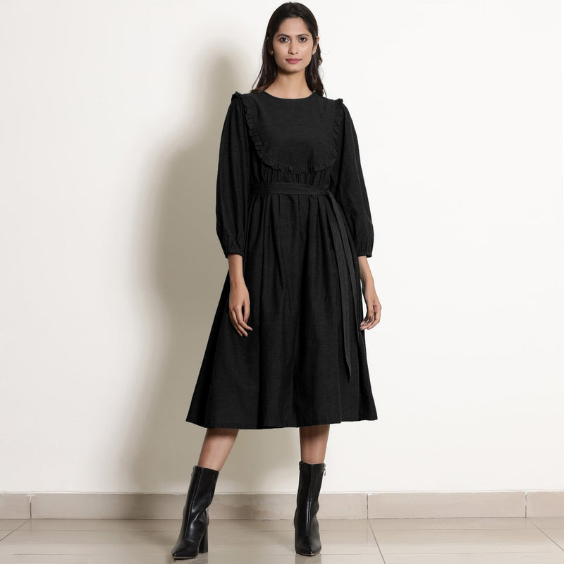 Black Cotton Flax Frilled Midi Yoke Dress