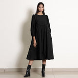 Black Cotton Flax Frilled Midi Yoke Dress