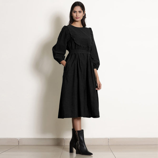 Black Cotton Flax Frilled Midi Yoke Dress