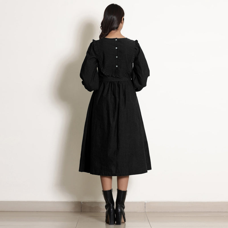 Black Cotton Flax Frilled Midi Yoke Dress