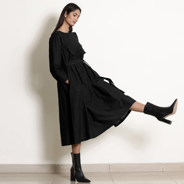 Black Cotton Flax Frilled Midi Yoke Dress